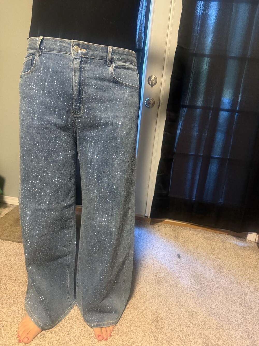 For Her NYC Rhinestone Embellished Wide Leg Jeans